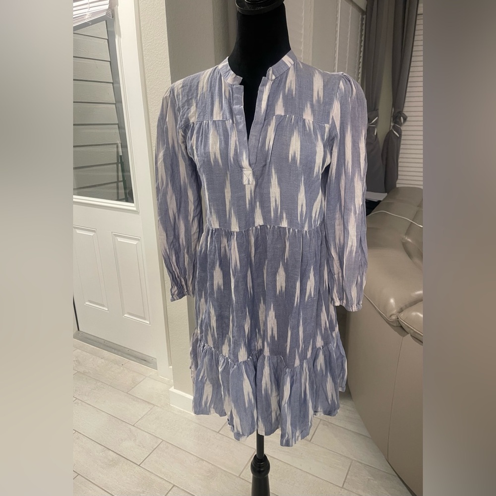 Madison Matthews block ikat print tiered blue cotton dress Sz S